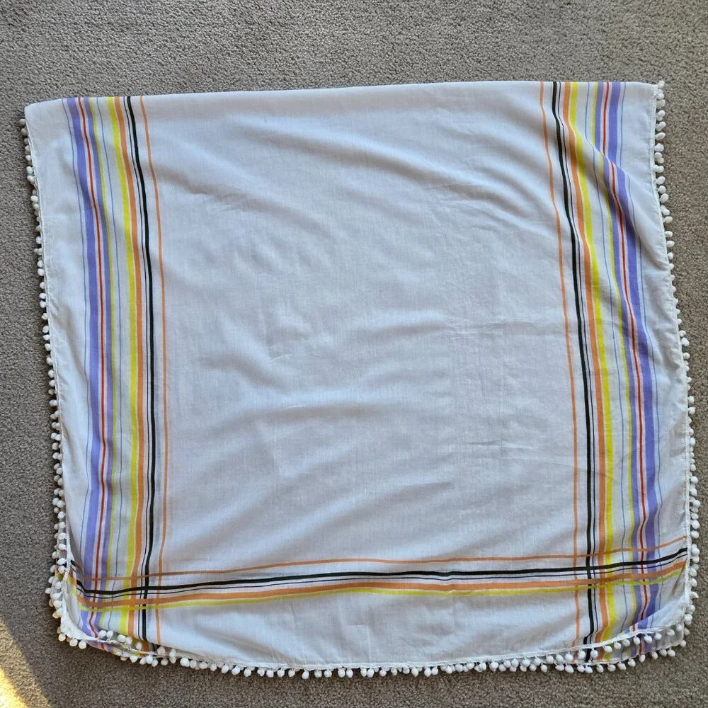 Lightweight Striped Summer Scarf or Sarong with Pom Pom Border